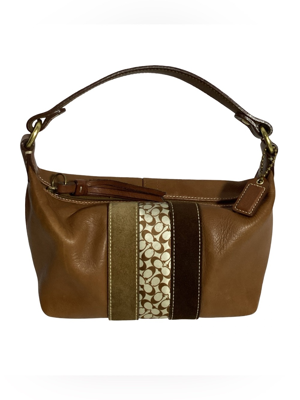 COACH Vintage Y2K Hampton Signature Stripe Brown Leather Mini Hobo Bag